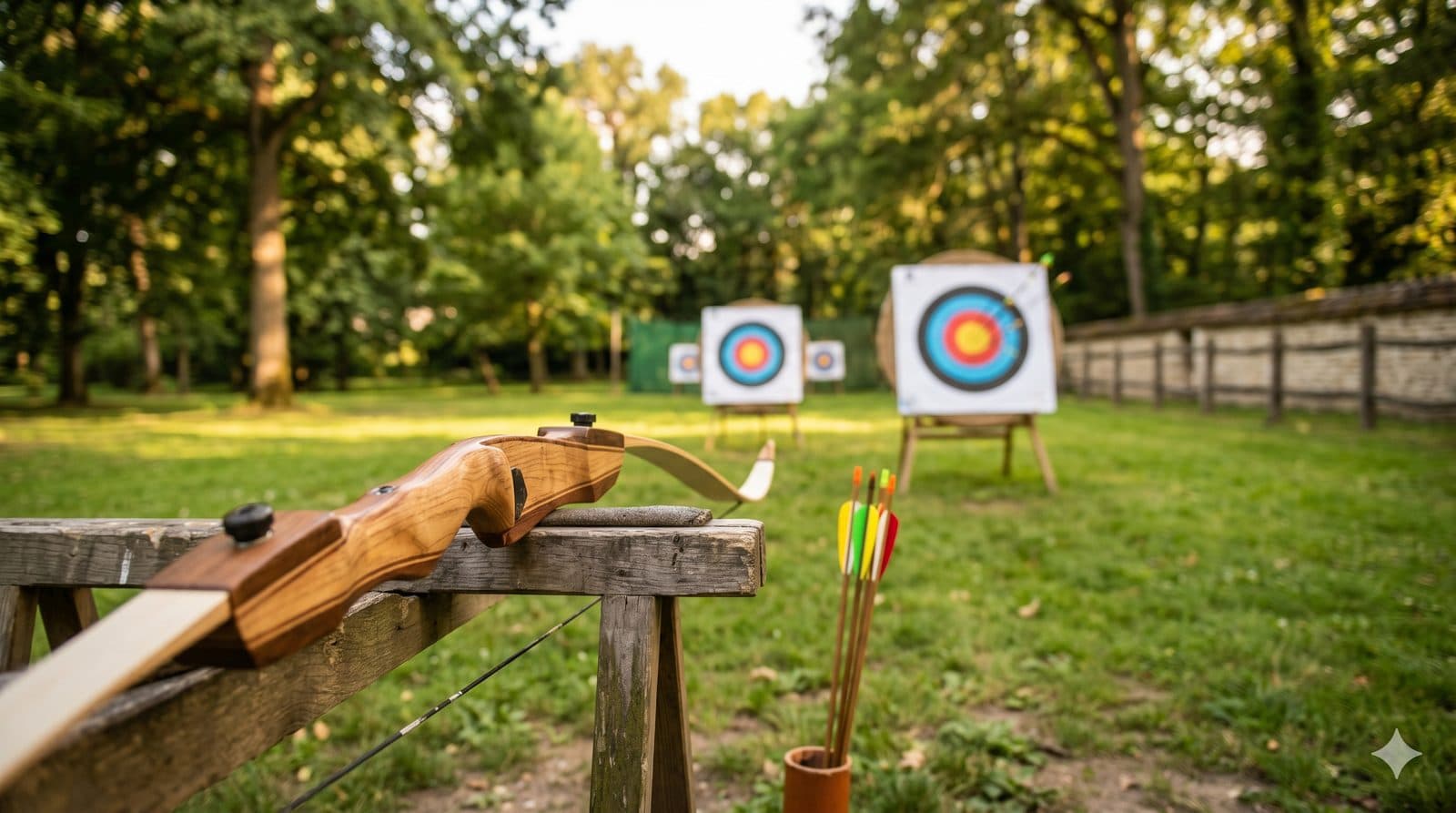 Arc recurve en bois posé sur un chevalet, carquois de flèches colorées au premier plan, et deux blasons de cible en fond sur une pelouse ensoleillée — pas de tir d'un club accueillant les débutants.
