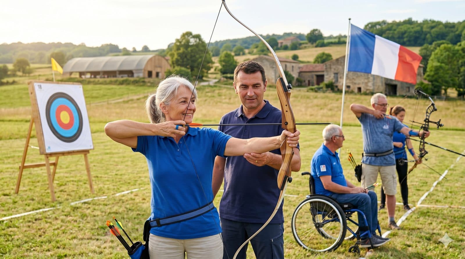 Archère senior tirant à l'arc recurve, guidée par un entraîneur FFTA, avec un archer en fauteuil roulant et une cible en arrière-plan dans la campagne française.