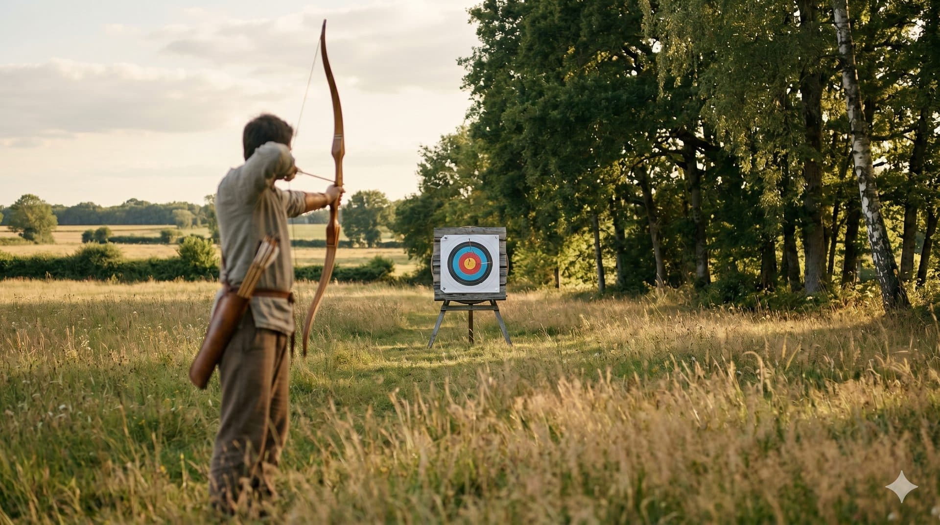 Archer de dos bandant un arc recourbé dans une prairie française au soleil couchant